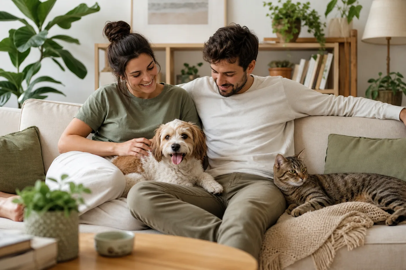Couple relaxing at home with their dog and cat
